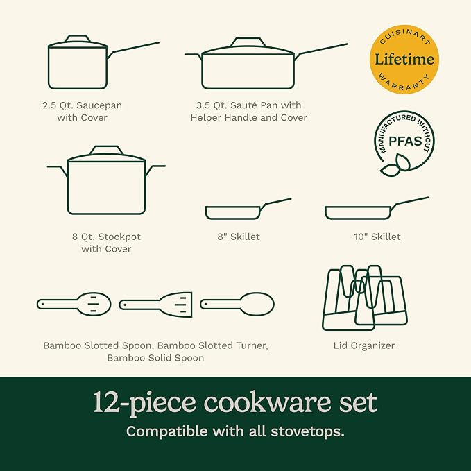 Cuisinart Ceramic Cookware Set, Nonstick 12-Piece Pots and Pans Set for Even Heat Cooking, Dishwasher Safe, Stainless Steel Handles & Easy Cleanup, Teal, 34C-12TL