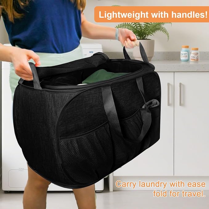 4 Pack Collapsible Laundry Baskets with Lid, Foldable Laundry Basket with 6 Pockets, Pop Up Laundry Hamper with Dual Handles, 99L Sturdy Clothes Hampers for Home, Dorm, Apartment, Travel, Black