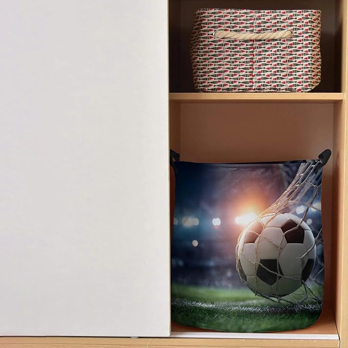 Collapsible Laundry Basket 42L, Football Storage Bin Laundry Hamper with Handles, Goal Net Soccer Sports Orange Blue Green Waterproof Clothes Baskets for Bathroom/Bedroom 13.8 x 17 In