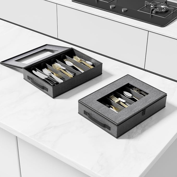 2-Pack Silverware Storage Box, Flatware Organizer with Clear Lid, Grey | Utensil Storage Case with Adjustable Dividers, Quilted, Stackable, Dual Zippers, Reinforced Handles for Moving and Storage