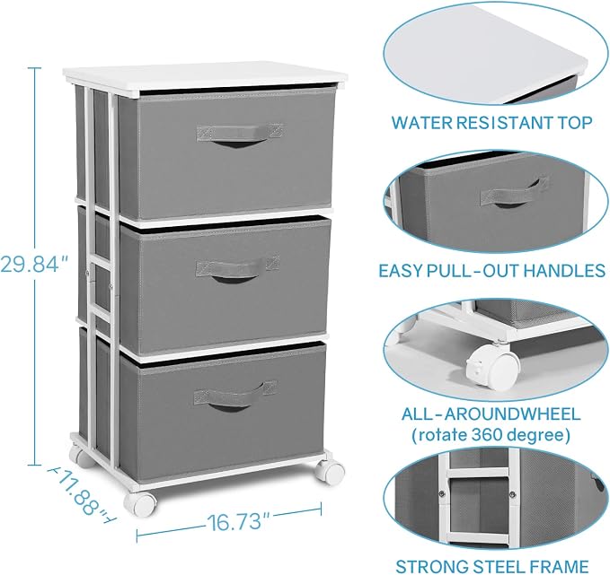 MAX Houser Dresser Tower with 3 Drawers,Fabric Dresser Drawer Organizer Unit,Dresser Chest with Wood Top,Vertical Storage Dresser,Small Dresser for Bedroom,Office-Dark Grey | Fabric Storage Organizer Unit, Chest of Drawers with with WoodTop, Small Vert...