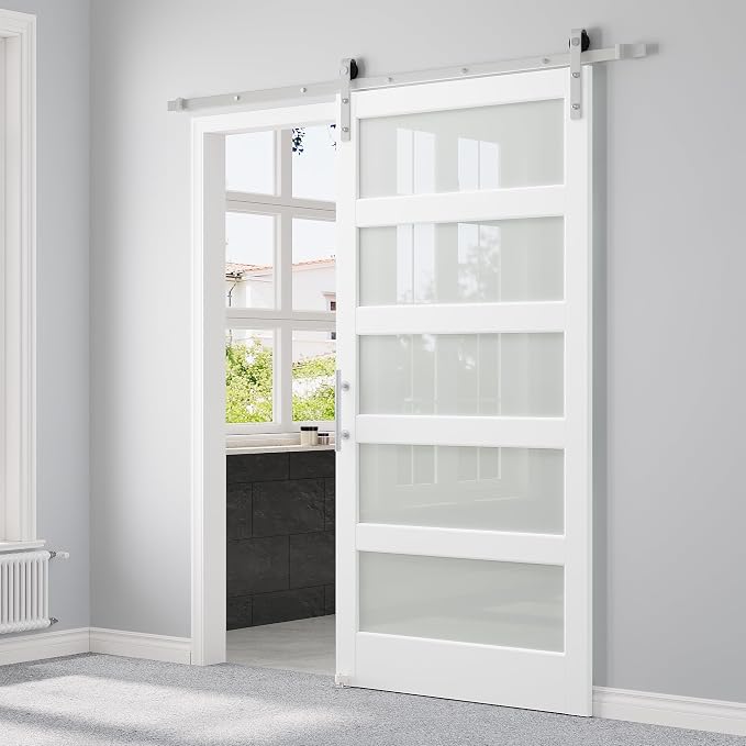 42" x 84" 5-Lites Glass Sliding Barn Door and 7FT Brushed Nickel Hardware Kit, Sturdy & Stable Mortise and Tenon Structure, Water Resistant Barn Doors for Bathroom, Pre-Drilled, Assembly Required