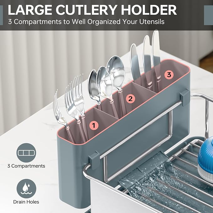 Stainless Steel Dish Drying Rack - Large Capcity 304 Grade Dish Drainer for Kitchen Counter with Drain Board, Utensil Holder & Detachable Cup Shelf, Rustproof Multifunctional Organizer, Pale Blue