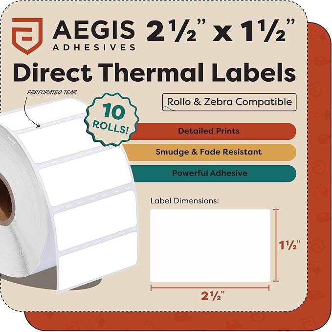 Aegis Adhesives - 2.5" X 1.5" Direct Thermal Labels (10800 Count, 12 Rolls) - UPC Barcode Shipping Labels, FNSKU SKU Stickers, Thermal Sticker Paper Roll - Compatible with Zebra and Rollo Printers