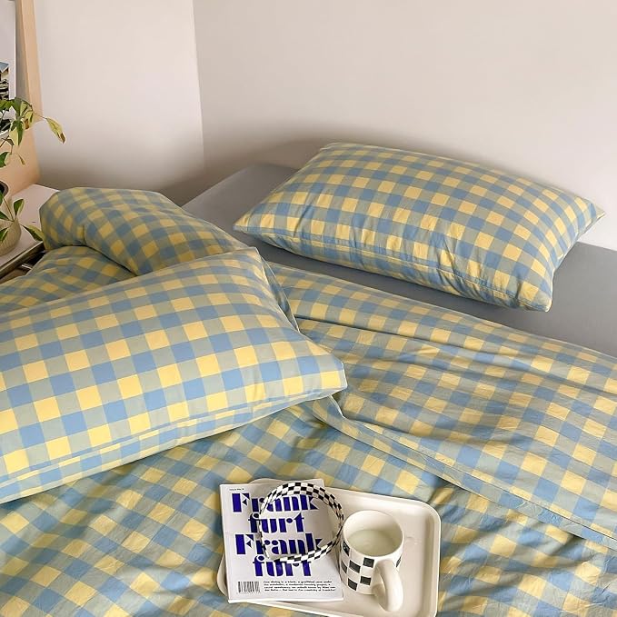 mixinni Plaid Duvet Cover Set King Yellow - Soft Washed Cotton Modern Geometric Bedding Set with 2 Pillowcases, Blue Green Gingham Grid King Duvet Cover for Men & Women, Soft & Lightweight