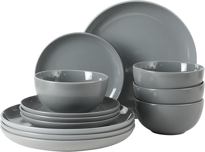 Gibson Home Rockaway 12 Piece Plates and Bowls Matte Outside/Shiny Inside Glaze Service for 4 Dinnerware Set - Blue - Dishwasher and Microwave Safe