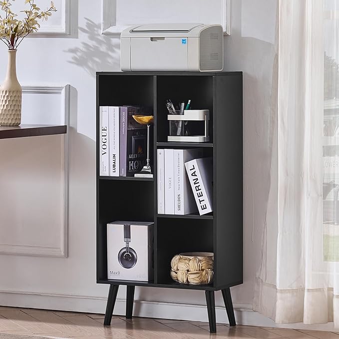 LEYAOYAO 5 Cube Bookshelf, Mid-Century Modern Book Shelf with Legs, Black | 3 Tier Bookcase, Rustic Wood Bookshelves Freestanding Small Storage Organizer, Open Shelves for Bedroom, Living Room, Office