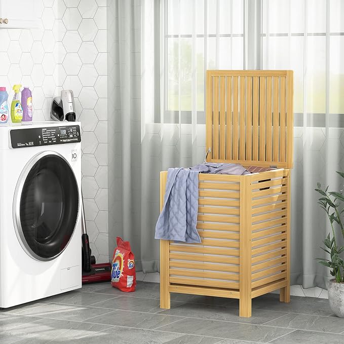 Bamboo Laundry Hamper with Lid, 120L Large Clothes Laundry Sorter with Removable 2-Section Liner Bag, Raised Laundry Basket Organizer for Clothing, Bathroom, Bedroom, Laundry Room, Natural