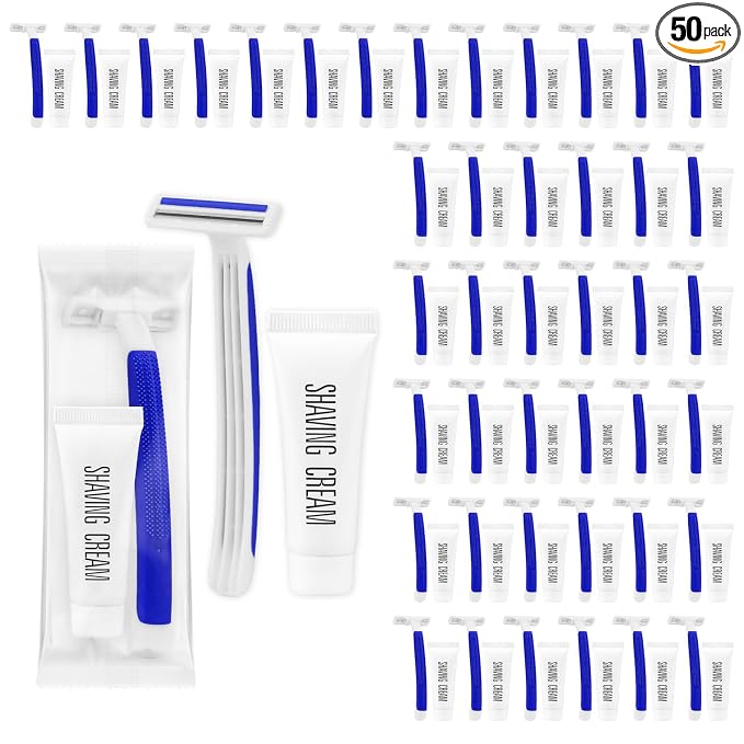 Disposable Razors in Bulk,razors individually wrapped bulk,Twin Blade Razors with Clear Safety Cap and Shaving Cream, Razors For Homeless, Hotel,Air Bnb,Shelter/Homeless/Travel (50 PCS)