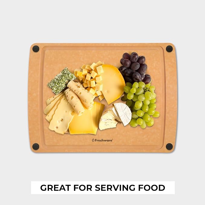 Freshware Wood Cutting Boards for Kitchen, Juice Groove, Non-Slip Silicone Feet, Dishwasher Safe, Medium 12" x 9" and Large, 15" x 11.25", Set of 2, Natural