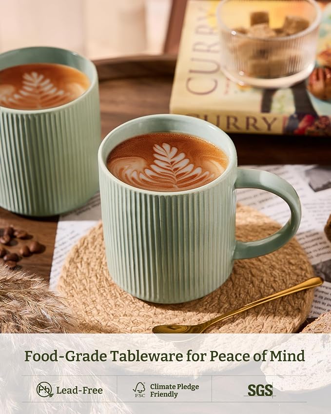 famiware Coffee Mug Set for 6, Star 16 oz Catering Mugs Cup Set with Handle for Coffee, Tea, Cocoa, Milk - Ceramic Stoneware Drinkware Set, Matte Green