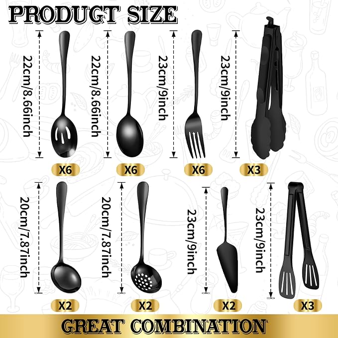 30 Piece Stainless Steel Serving Utensils Set - Buffet Serving Spoons Forks Tongs for BBQ, Parties, Catering, Weddings, Events - Black