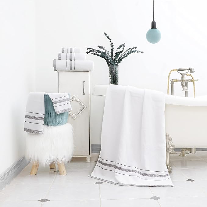 Bath Towels Set for Bathroom – Luxury 6-Piece Cotton Towels, Soft Absorbent & Quick Dry, 600 GSM Bath Towels for Bathroom, Hotel Spa Quality (White/Grey, 6- Bath Towel Set)