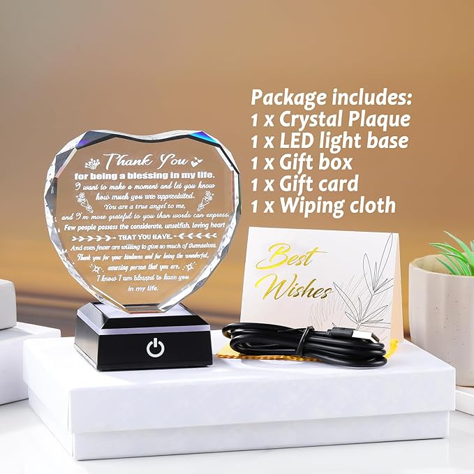 Arikyrist Thank You Gifts for Women Men Heart Shaped Crystal Plaque with LED Light Base Appreciation Gifts for Teacher Nurse Doctor Coworker Boss Inspirational Home Desk Decor
