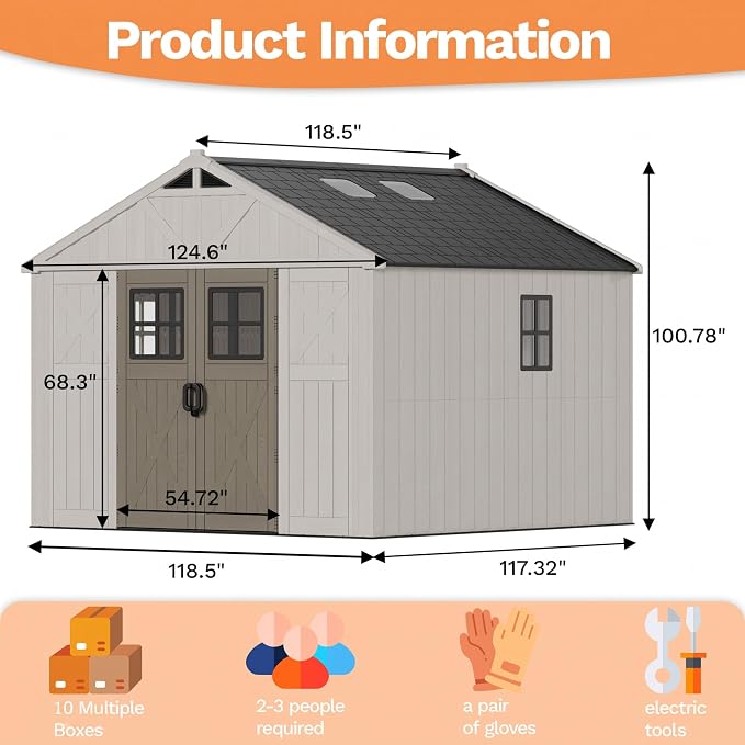 Devoko 10x10 FT Resin Storage Shed with Floor, Plastic Outdoor Tool Shed with Windows & Lockable Door, Large Garden Storage Shed for Patio Backyard Lawn, Beige