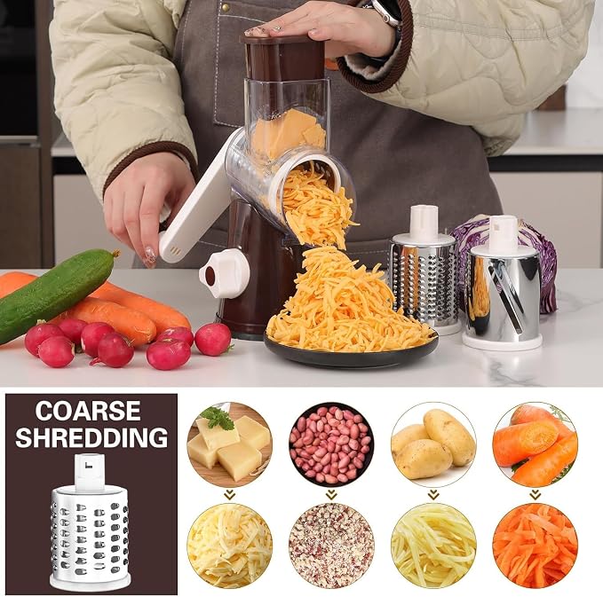 Cambom Rotary Cheese Grater Hand Crank Cheese Shredder for Fresh Cheese, Vegetable, Nuts,Non-slip Suction Base, Three Blades, Coffe Color