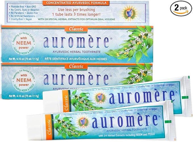 Auromere Ayurvedic Herbal Neem & Clove Toothpaste - All Natural Fluoride Free Toothpaste for Adults and Kids, Suitable for Sensitive Teeth, SLS-Free, Non GMO, Vegan, Cruelty-Free - 5 Pack