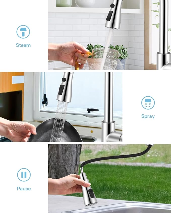 WEWE Kitchen Faucet with Pull Down Sprayer and Soap Dispenser, Polished Chrome High Arc Single Handle Stainless Steel Sink Faucet, Suitable for Farmhouse, RV & Laundry
