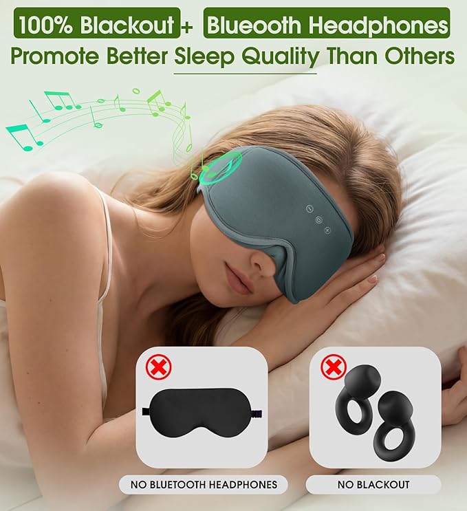 Bamboo Cotton Large Sleep Mask with Bluetooth Wireless Headphones - Blackout Eye Mask for Sleeping 3D Contoured Sleep Eye Cover Headband Ear Plugs Low Noise Hook for Men Women Better Experience (Grey)