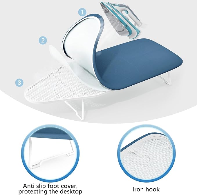 Small Ironing Board top with Heat Resistant Cover, Compact Mini Ironing Board with Metal mesh Frame,for Dorm,Apartment and Travel, Hook for Hanging, Iron Board, Iron Table Stand 12”×30” Pure Blue