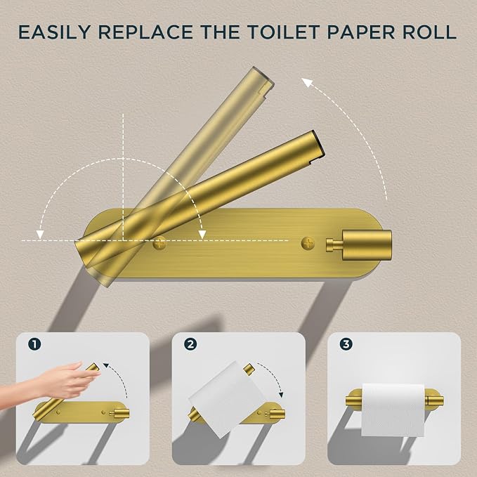 FORIOUS Toilet Paper Holder, Adhesive or Screw Wall Mount Pivoting Tissue Roll Holder for Bathroom, Stainless Steel Rustproof Self Adhesive Toilet Paper Roll Dispenser no Drilling, Brushed Gold