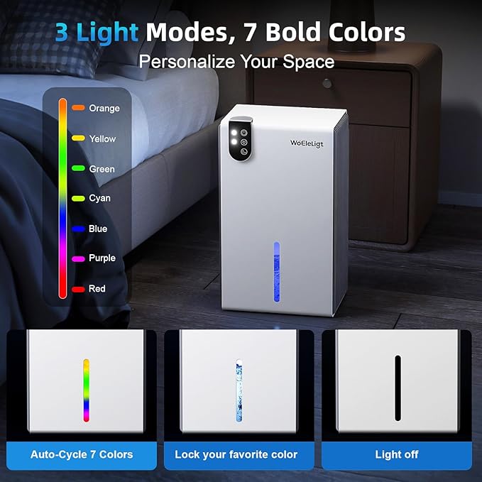 98 OZ Small Dehumidifier for Home 1000 Sq Ft, Quiet Dehumidifier with Drain Hose, Auto Shut-Off, Sleep Mode, 7-Color Light for Basement, Bedroom, Bathroom, Closet, RV (Grey White)
