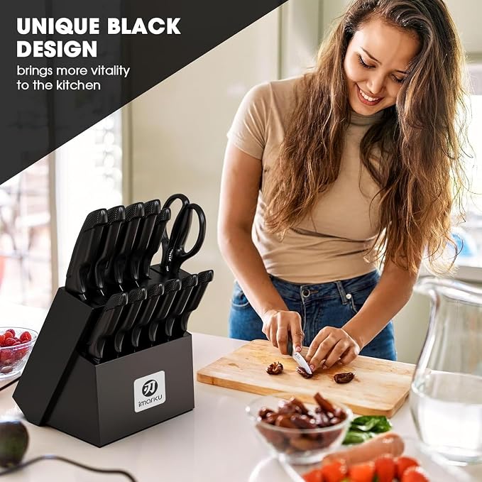 imarku 14-Piece Japanese High-Carbon Stainless Steel Knife Set，Black | Kitchen Knife Set with Block|15°Precision Edge | 56±2 HRC Hardness | Built-in Sharpener|Ergonomic Handles|Gifts Mom & Dad