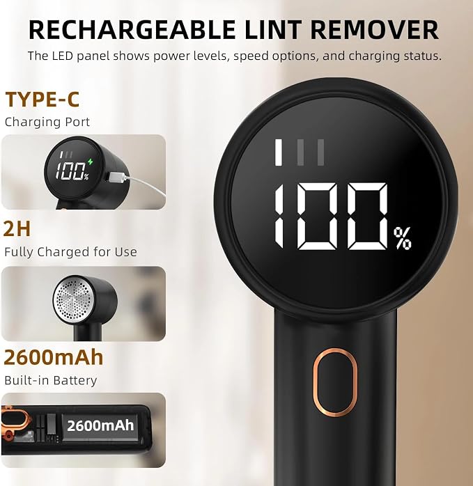 Fabric Shaver Lint Remover, Rechargeable Lint Shaver, Electric Sweater Defuzzer with 3 Speeds, 6 Blades, Digital LED Display to Remove Pilling for Clothes, Furniture, Couch, Blanket (Color : Black)
