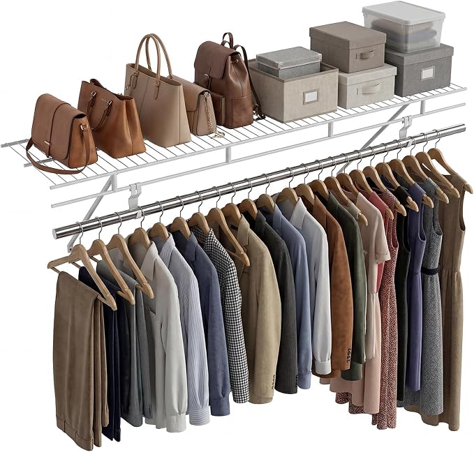 COSTWAY Closet Shelves Wall Mounted, Ventilated Shelf with Hanging Rod | Metal Wire Shelving Kit, Wire Wall Shelf for Laundry Room, Bedroom, Home, Mounting Accessories Included (4 ft x 12 in)