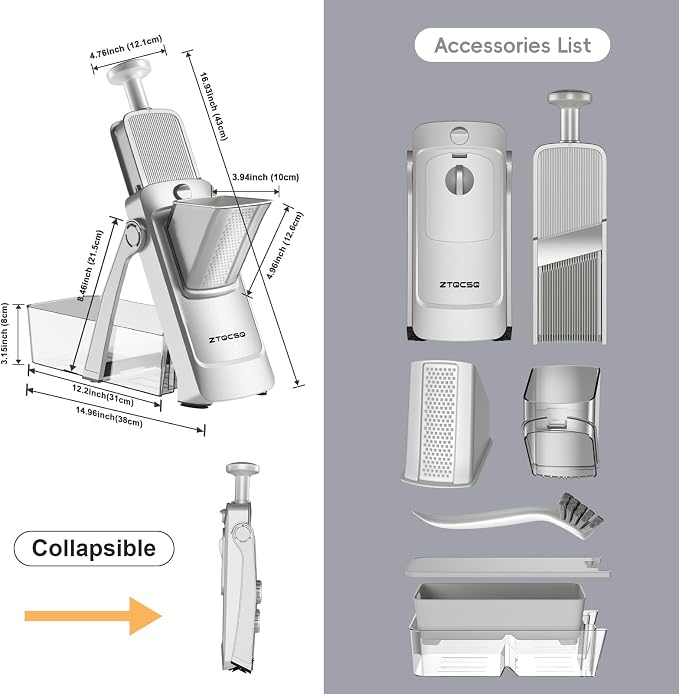 [All in 1] Vegetable Slicer with Adjustable Thickness, Easy to Clean Potato Mandoline Slicer with Container, Rapid Prep Veggie Cutter/Onion Slicer, Free Grater/Cleaning Brush (SliverGray)