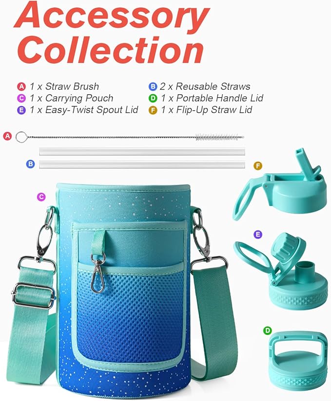 64 oz Water Bottle Insulated with Straw&3 Lids, Coolflask Half Gallon Water Jug Galaxy Large Metal Stainless Steel Vacuum Flask for Gym, Sports, Keep Cold 48H Hot 24H, Glacier Blue