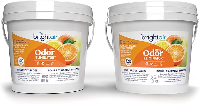 Bright Air 64 oz. Super Odor Eliminator, For Large Spaces, Mandarin Orange & Fresh Lemon, Case of 2, Odor Eliminator & Air Freshener, Natural Essential Oils, Lasts Up to 120 Days Each