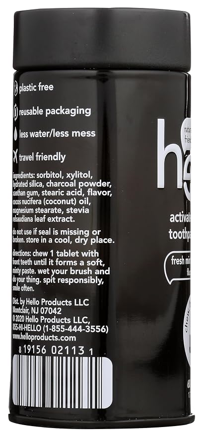 Hello Activated Charcoal Teeth Whitening Eco Friendly Travel Toothpaste Tablets, Fresh Mint and Coconut Oil, Fluoride Free, TSA Compliant, Vegan, SLS Free, Plastic-Free, 60 Tablets