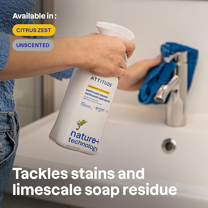 ATTITUDE Bathroom Cleaner Spray, EWG Verified, Plant-Based & Vegan, Safe for Bathroom Surfaces, Tiles, Tubs, Shower Walls, and Grout, Unscented, 27.1 Fl Oz (Pack of 6)