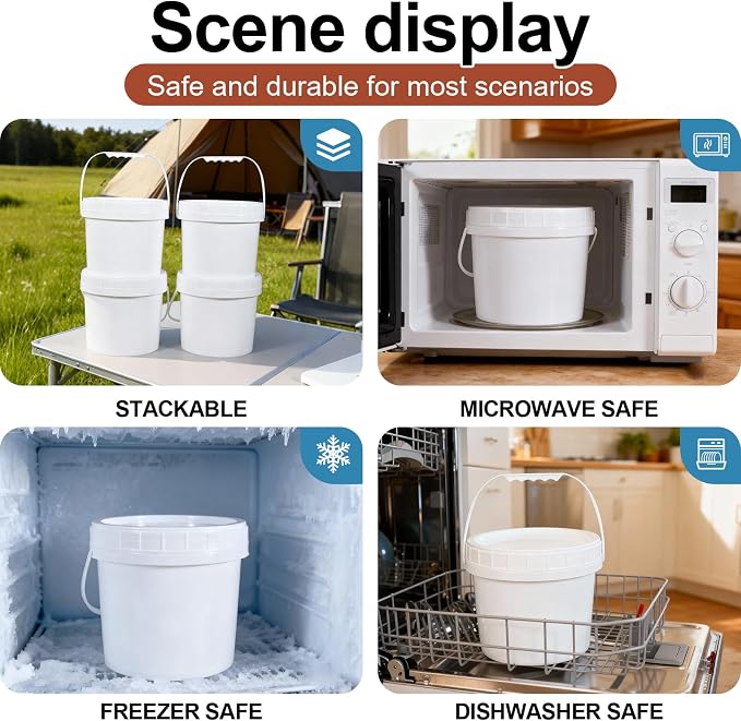 4 Pack 1 Gallon Plastic Buckets with Screw Lids & Handle, Food Grade Storage Containers for Kitchen, Freezer - Reusable White Plastic Bucket Set
