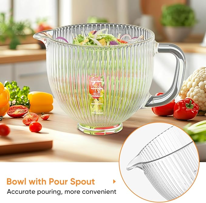 Cofun Glass Mixer Bowl for Kitchenaid Tilt-Head Stand Mixers 4.5-5 Quart | 5 Qt Mixing Bowl Replacement for KitchenAid with Measurement Markings, Handle