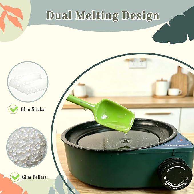 2-in-1 Hot Glue Pot for Crafting with Mini Glue Gun & 40 Glue Sticks | Dip & Coat Eases Fatigue, 212℉-392℉ Adjustable Temp, 580ml Large Cap, Bulk Floral DIY, Silicone Tools Stir & Wipe Extra Glue