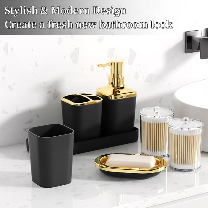 XLHOMO Bathroom Set, 9PC Bathroom Accessory Set, Black Bathroom Accessories, Black Bathroom Set, Trash Can, Soap Dispenser for Home Decor