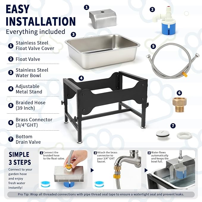 BWOGUE 3 Gal Automatic Dog Water Dispenser, Elevated Outdoor Bowl for Dogs | Automatic Water Dispenser for Dogs, Stainless Steel Pet Waterer, 9/11/13/15 in Stand, Float Valve, Big Dogs Pets Livestock