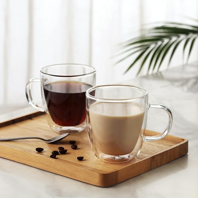 CNGLASS Double Wall Glass Coffee Mugs 12 oz,Insulated Glass Coffee Cups with Handle,Clear Espresso Mugs for Cappuccino,Latte,Tea Bags,Hot and Cold Beverages,Set of 2