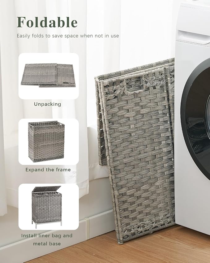 SETVSON Laundry Hamper with Lid, 112 L Handwoven PE Rattan Wicker, Gray | 2-Section Large Basket, 2 Removable Liner Bags, Heightened Metal Feet, 6 Mesh Laundry Bags, Foldable Side Handles