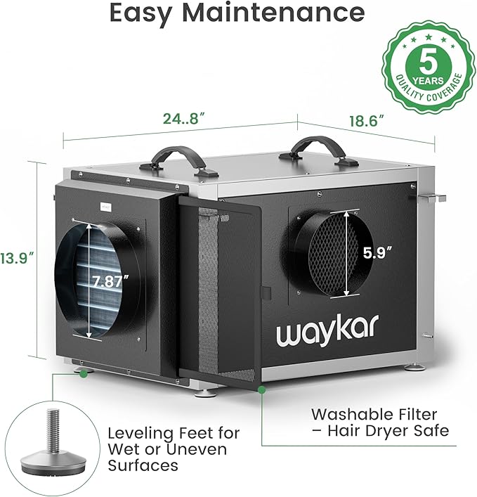 Waykar 158 Pints Crawl Space Dehumidifier with Remote Control and Pump, Dual Duct HVAC Commercial Whole-House Dehumidifier for Basement, Industry Water Damage Unit - 5-Year Quality Coverage
