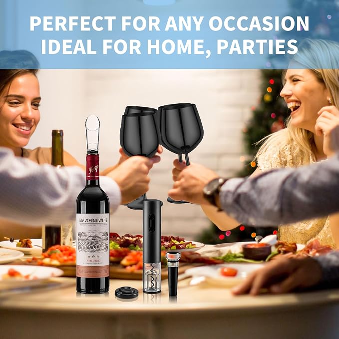 Electric Wine Opener Set Rechargeable, Automatic Corkscrew Set, Including Black Metal Wine Glasses of 2, Stainless Steel Wine Goblet, Ideal Gift for Wedding, Wine Lover, Birthday, Girl, Men