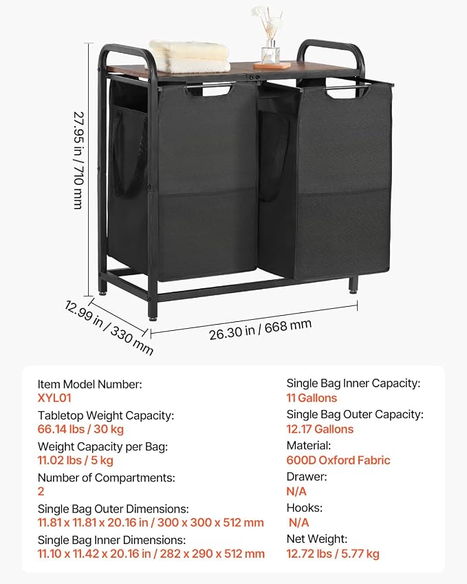 VEVOR 2 Section Laundry Sorter, Large Laundry Hamper with Metal Frame and Wooden Tabletop, Freestanding Storage Organizer Baskets with Pull-Out 600D Oxford Cloth Bags for Dirty Clothes, Bathroom