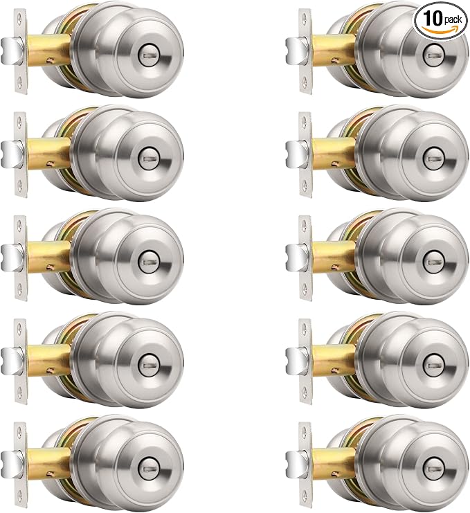 Probrico Brushed Nickel Bed/Bath Door Knobs, Satin Ball Door Knob, Interior Door Knobs for Bedroom Bathroom, Privacy Function, 10 Pack