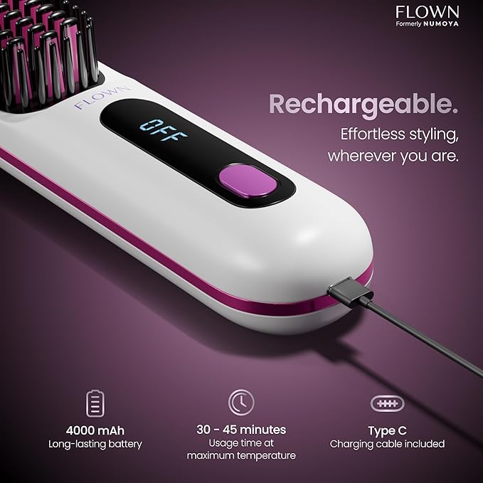 flown® Original Go Brush PRO [Five Minutes Hair Styling Routine] - No Damage Heat Brush with USB-C Charger - Electric Travel Pocket Brush for All Hair Types - White (Formerly Numoya)