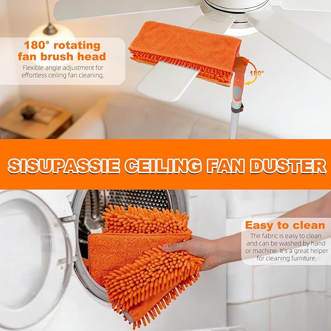 SISIUPASSIE 36FT Reach Ceiling Fan Cleaner Duster, Ceiling Fan Blade Cleaner with Extension Pole, Washable & Replaceable Microfiber Feather Duster Kits