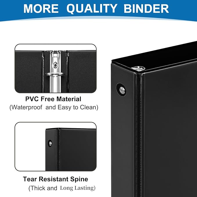 1 Inch Black 3 Ring Binders 12 Pack, PVC-Free Clear View Binder with 2 Interior Pockets, Holds 200 Sheets of 8.5" x 11" Paper for Office, Business Presentations, Projects & Home Organization