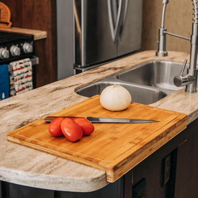 Camco Bamboo Cutting Board with Counter Edge | Perfect for Vegetables, Fruits, Meats, and Cheeses | Measures 18-inches x 14-inches x 1-3/4-inches (43545), Brown