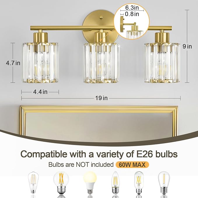 Crystal Bathroom Light Fixtures, Bathroom Lighting Fixtures Over Mirror, Modern 3-Light Gold Vanity Lights for Mirror, Restroom, Kitchen(Ceramic E26 Socket,Bulbs Not Include)